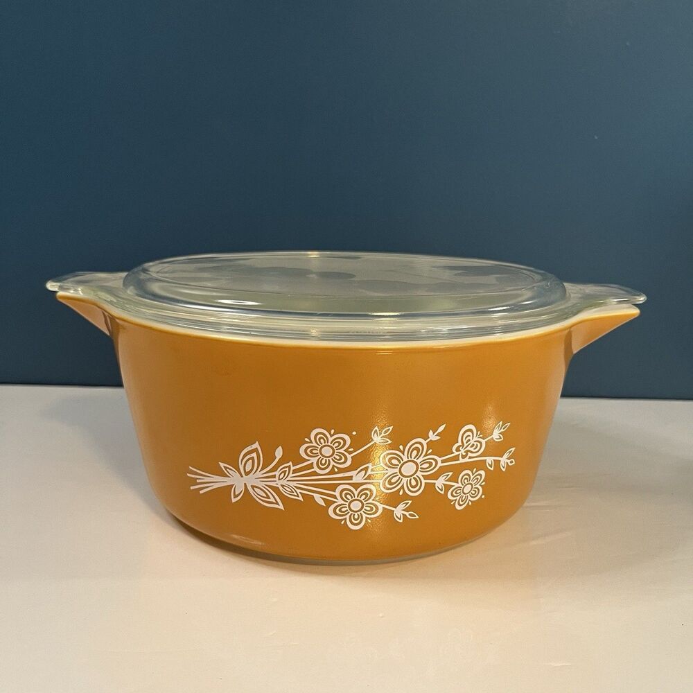 Vintage Pyrex Butterfly Gold 475-B Casserole Deep Dish 2.5 qt & Lid 475-C EUC